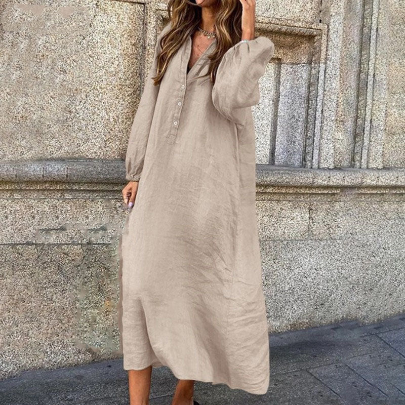 Women's Autumn Cotton Linen V-Neck Dress - Long Sleeve, Button-Up, Loose & Stylish Casual Wear