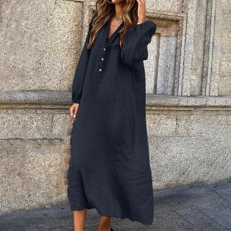 Women's Autumn Cotton Linen V-Neck Dress - Long Sleeve, Button-Up, Loose & Stylish Casual Wear