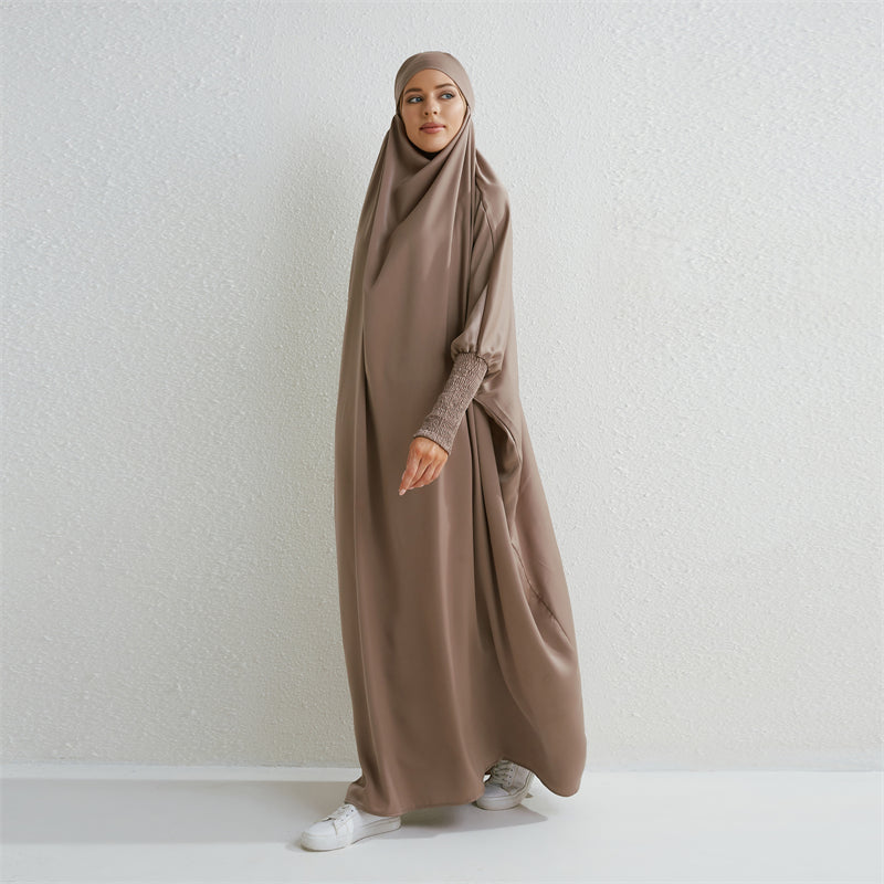 Hooded Abaya - Smocked Sleeve One-Piece Jilbab | Modest Dubai & Turkish Style Robe