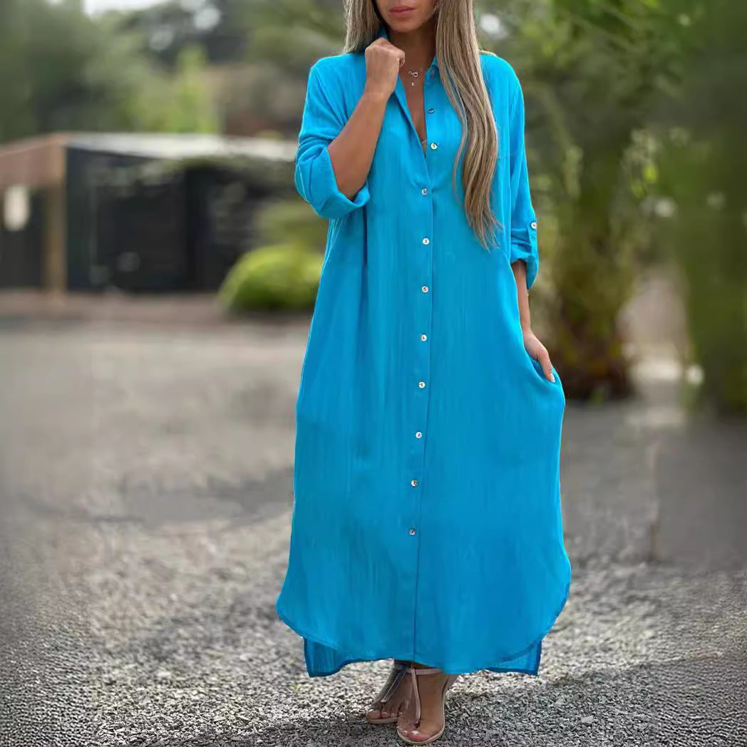 Elegant Women's Blue Cotton Linen Shirt Dress - Button-Up, Long Sleeve, Casual Cardigan Style