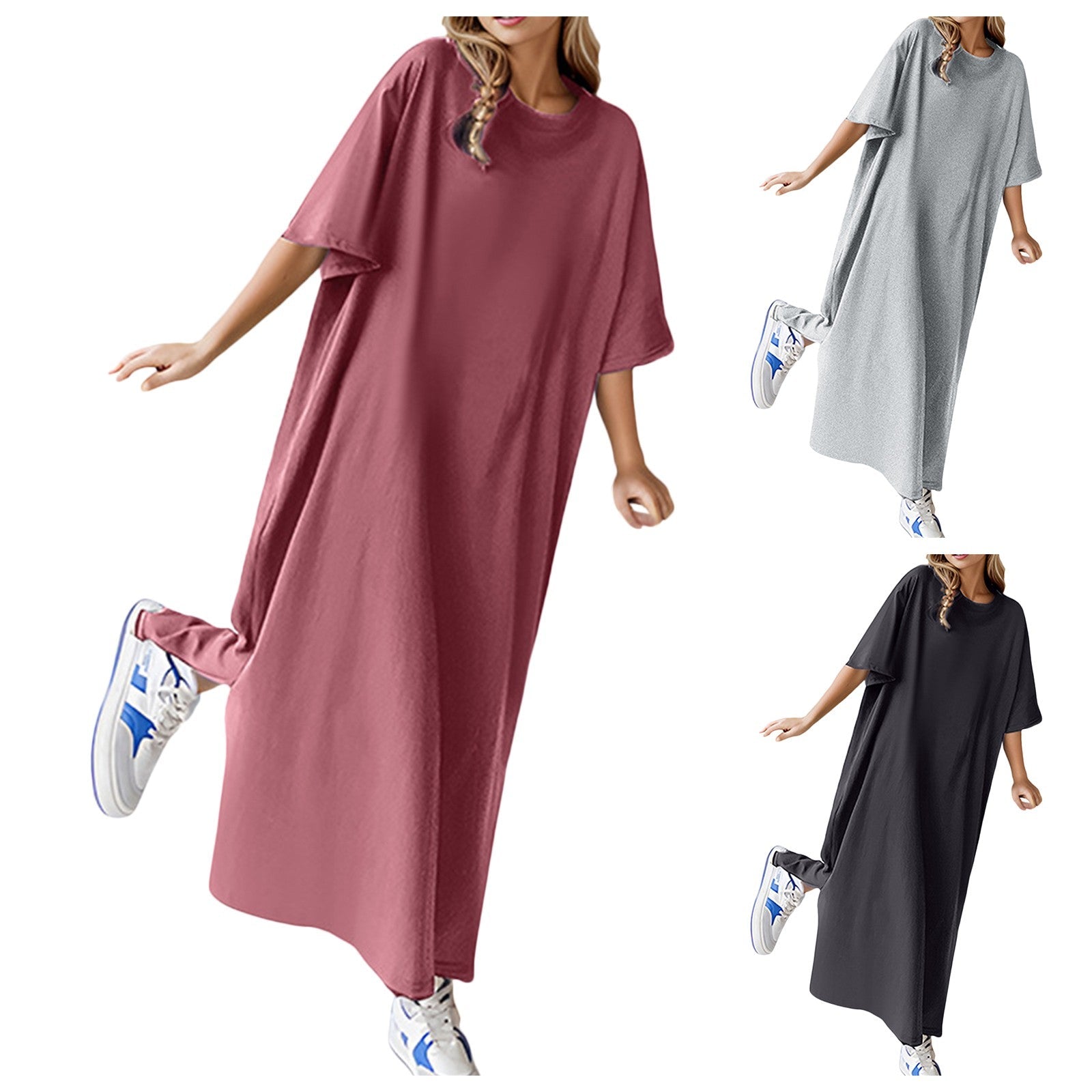 Loose Casual Cotton Shirt Dress - Solid Color, Oversized Short Sleeve Summer Loungewear