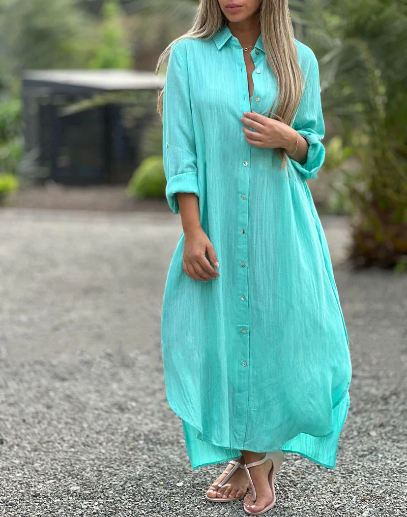 Elegant Women's Blue Cotton Linen Shirt Dress - Button-Up, Long Sleeve, Casual Cardigan Style