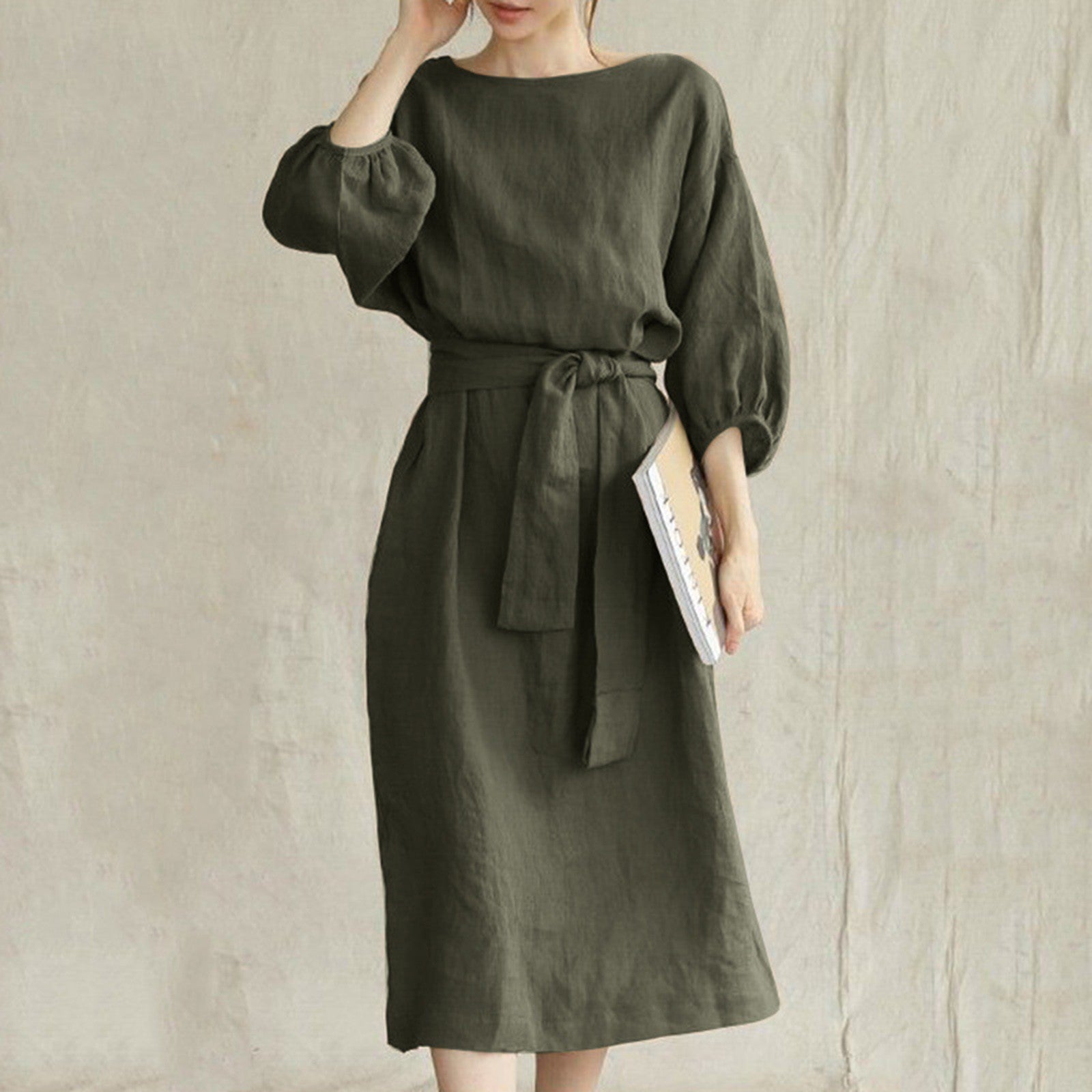 Women's Vintage Cotton Linen Dress - Long Sleeve, High-Waisted, Tie Waist, Elegant Round Neck Vestidos